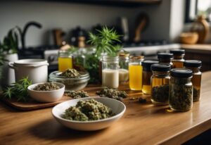 A kitchen counter with various cooking utensils, cannabis concentrates, and recipe books laid out for making cannabis-infused dishes