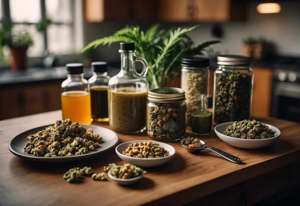 A kitchen counter with various cooking utensils, cannabis concentrates, and recipe books open to pages with creative cannabis-infused dishes